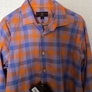 Robert Talbott Long Sleeve Tailored L Shirt Blue and Apricot 17” Collar